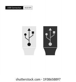 Flat design and monochrome USB (Universal Serial Bus) connection. The USB symbol can be applied to a variety of designs related to digital mobile devices.