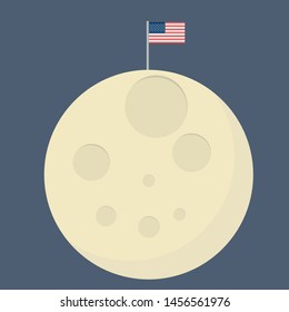 Flat Design of a Moon with a flag of US. Cosmic Space. Humanity. Astronomy.