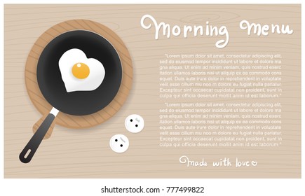 Flat design morning menu with egg in heart shape on the pan with wooden plate.  Vector illustration. 