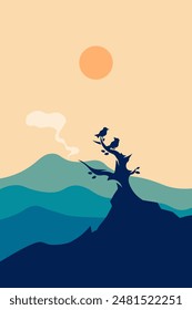 Flat Design Morning Silhouette Landscape With Mountains and Birds
