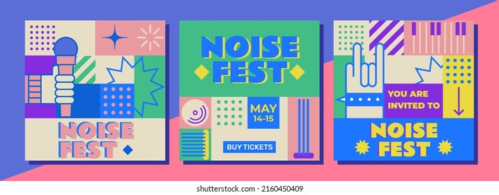 Flat design mosaic music festival. Set of editable template for social media, event poster, flyer, invitation, cover, banner. Summer fest, concept of live music festival, jazz and rock.