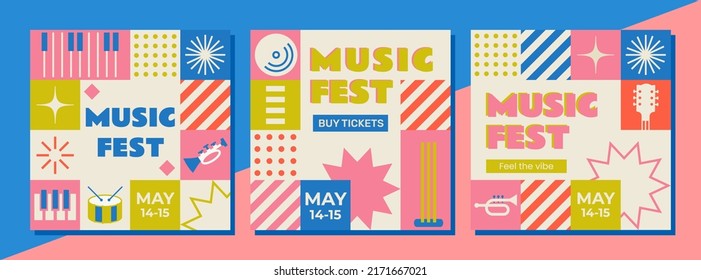 Flat design mosaic music festival. Set of editable templates for social media, event poster, postcard, invitation, cover, banner. Summer festival, live music festival concept