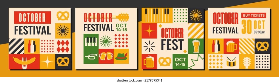 Flat design mosaic Octoberfest. Set of editable templates for social media, event poster, postcard, invitation, cover, banner. 