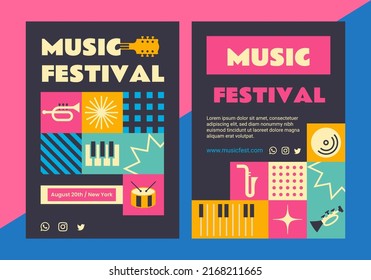 Flat design mosaic retro music festival. Set of editable templates for social media, event poster, postcard, invitation, cover, banner. Summer festival, live music festival concept.