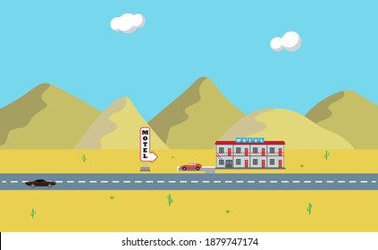 Motel de diseño plano sobre el fondo del desierto