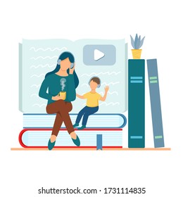 Flat design of a mother with a child in headphones. The concept of people listen to audiobooks. Vector illustration on a white background.
