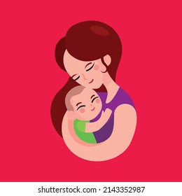 Flat design mother hugging baby boy  in her arms with love illustration