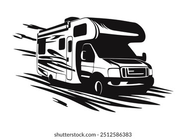 Flat design of motorhome campervan vector in black and white perfect for apps, website, logo or sign 