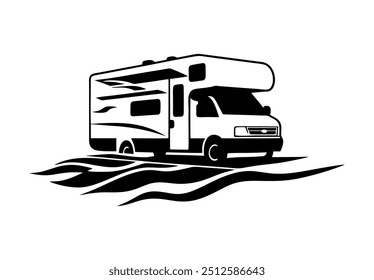 Flat design of motorhome campervan vector in black and white perfect for apps, website, logo or sign 