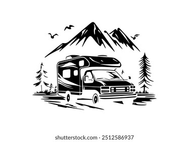 Flat design of motorhome campervan vector in black and white perfect for apps, website, logo or sign 