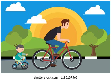 flat design mountain biking with family, vector illustration