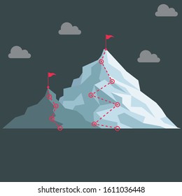 Flat Design Mountain climbing route to peak. Business journey path in progress. Mountain peak, climbing route to top rock vector illustration, isolated on background