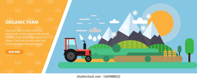 Flat Design mountain and farm meadow Landscape and Tractor. Flat and solid vector illustration.