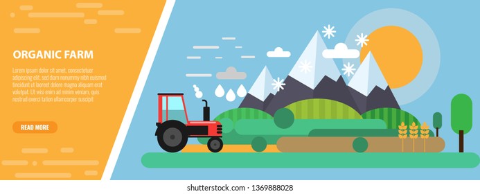 Flat Design mountain and farm meadow Landscape and Tractor. Flat and solid vector illustration.