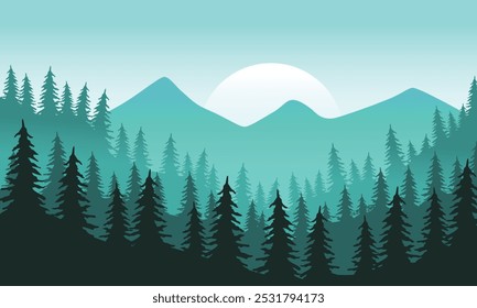 Flaches Design Berglandschaft mit Pinien bei Sonnenaufgang, ruhige Wälder und Berge bei Tagesanbruch, nebelige Gebirgskette und Pinienbaumsilhouetten bei Sonnenaufgang Natur Illustration Hintergrund Vektor