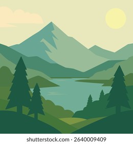 Flat Design Mountain Landscape with River and Pine Trees Vector