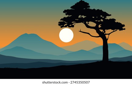 Flat design mountain landscape with tree silhouette and sun.