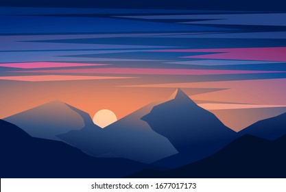 Flat design mountain sunset illustration