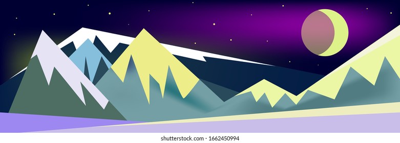 Flat design mountains landscape banner. Night sky with hills, peaks shiny moon and bright stars. Snowy rock summits silhouette vector illustration. Laptop and phone case, bag print.