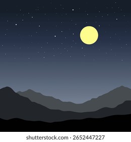 Flat Design of Mountains and Moon Scene Filled with Stars