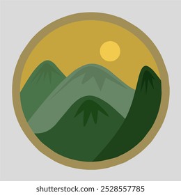 Diseño plano de montañas y sol en un marco circular. Ilustración de montaña. Vector de montaña