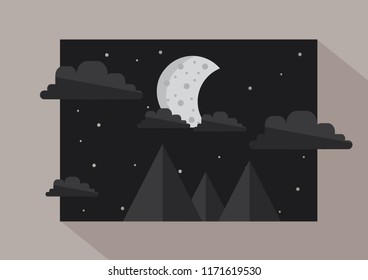 Flat Design Mounth, Night, Moon, Landscpae art, Vector Dark, Moonlight