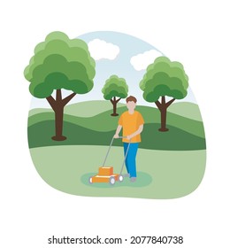 Flat design mowing activity grass. The design is very beautiful, charming, modern and cool.