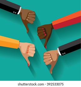 Flat design multicultural group thumbs down. EPS 10 vector.