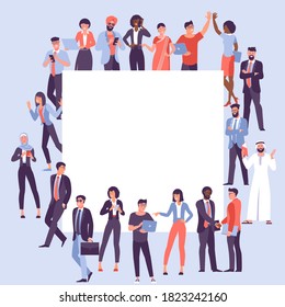 Flat design multicultural society diversity concept of people and blank banner. Crowd of people in community standing together with empty placard. Vector template for poster, banner and mobile app.