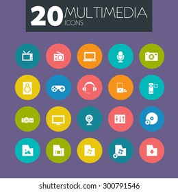 flat design multimedia icons, on colored circles