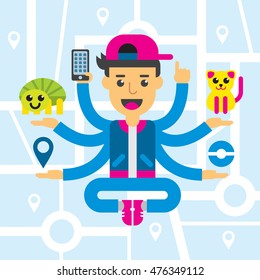 Flat design multitask playing gamer character in meditation pose.