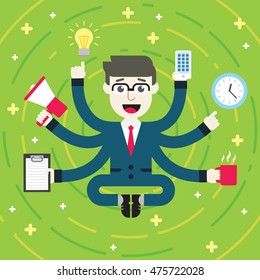 Flat design multitasking businessman character with glasses in meditation pose.