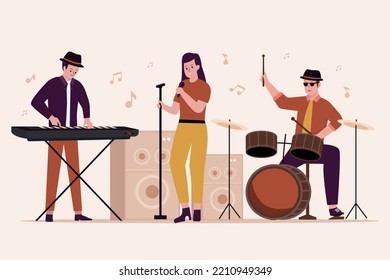 Flat design of music band performance on stage. Illustration for websites, landing pages, mobile applications, posters and banners. Trendy flat vector illustration