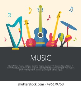 Instrumentos musicales de diseño plano. Ilustración vectorial.