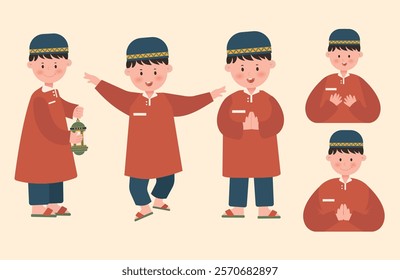 Flat Design Muslim Boys in Traditional Outfits with Various Poses and Expressions Set. Vector Illustration Flat Design