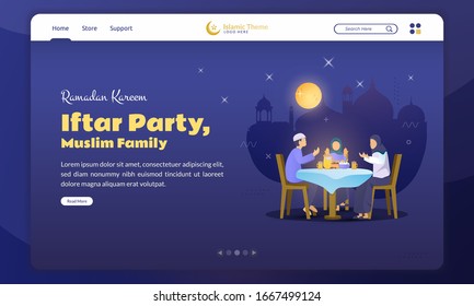 Flat design of a Muslim family's iftar party for Ramadan concept on landing page background