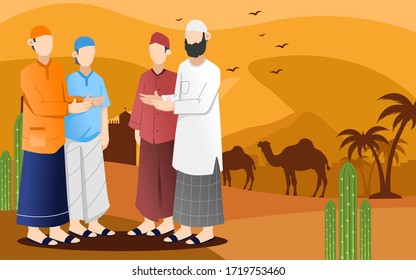 Flat design of Muslim peoples welcomes Ramadan month for greeting postcard, Happy Ramadan Illustration Background Camel Vector - Silhouette Eps10