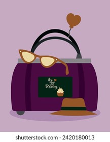 Flat Design It's My Birthday Illustration with Vintage Bag, Sunglasses, Hat,Balloon	