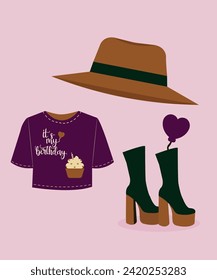 Flat Design It's My Birthday Illustration with Hat, Shirt,Boot,Balloon