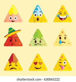 Flat design nachos emoji isolated on light background. Illustration of Mexican food with cute emotional faces. Vector set of funny popular emoji emoticon icon set