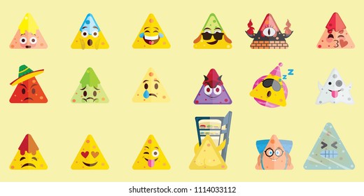 Flat design nachos mega set emoji isolated on light background. Illustration of Mexican food with cute emotional faces. Vector set of funny popular emoji emoticon icon set