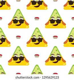 Flat design nachos pattern emoji. Illustration of Mexican food with cute emotional faces. Pattern of funny popular emoji.