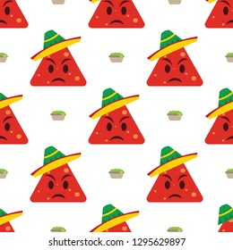 Flat design nachos pattern emoji. Illustration of Mexican food with cute emotional faces. Pattern of funny popular emoji.