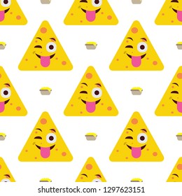
Flat design nachos pattern emoji. Illustration of Mexican food with cute emotional faces. Pattern of funny popular emoji.