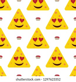 Flat design nachos pattern emoji. Illustration of Mexican food with cute emotional faces. Pattern of funny popular emoji.