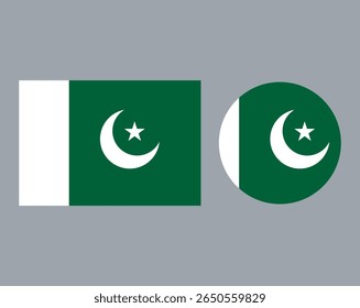  Flat design of Pakistan’s national flag in both rectangular and circular formats. Ideal for cultural, educational, patriotic, and international graphic design projects.