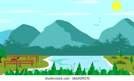 Diseño plano con paisaje natural como ilustración vectorial de montaña