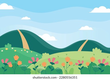 Flat design of natural spring season landscape background vector illustration