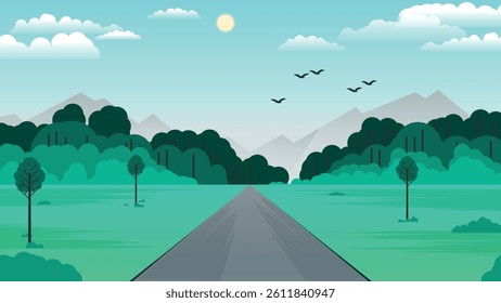 Flat design natural summer landscape. Highway among fields with trees against the background of forest, mountains, sky with sun, clouds, flying birds. Author's work. Vector.