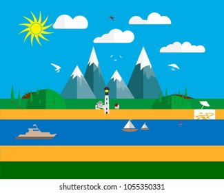 Flat design of nature against the backdrop of mountains of water with boats and sailboats